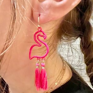 Pink Flamingo Silhouette Tassel Dangle Earrings